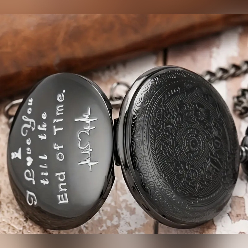 New Black Pocket Watch with Engraving, I Love You Till The End Of Time, T1MISB4E - Picture 2 of 4